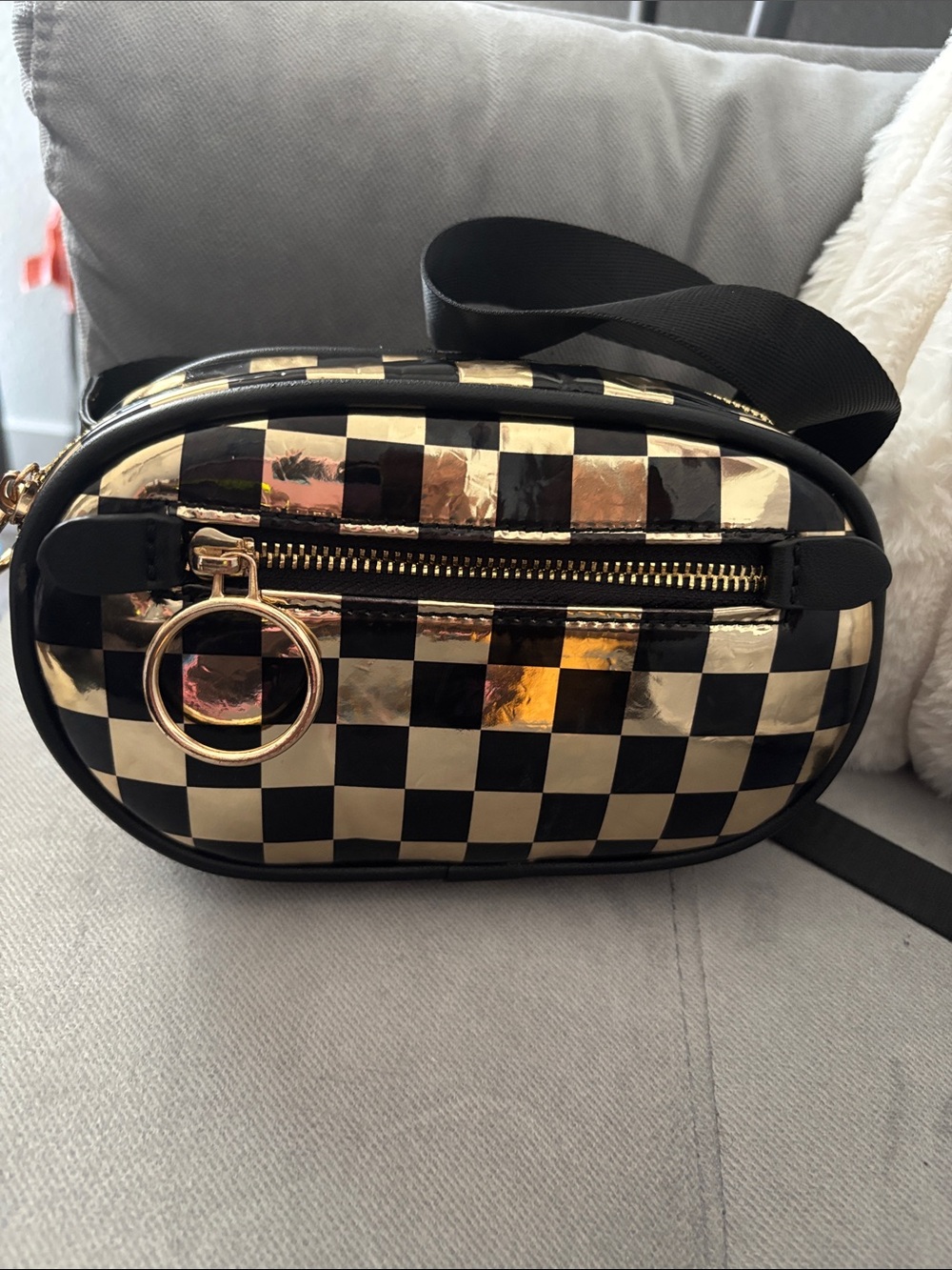 Checkerboard Metallic Black & Gold Fanny Pack Bag